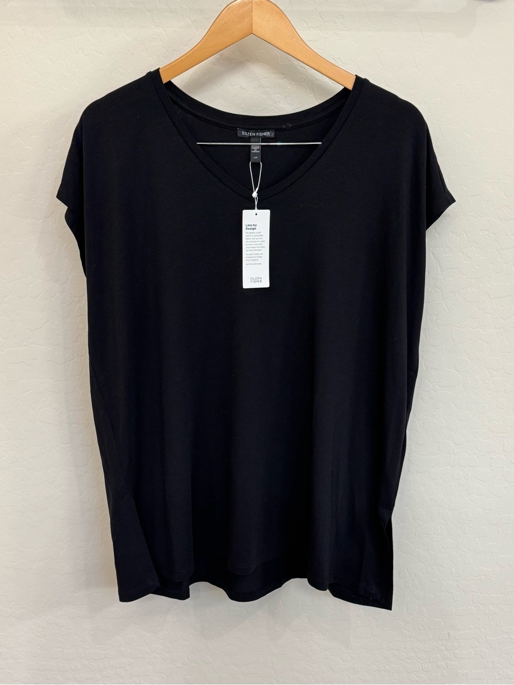 Eileen Fisher Black Tencel Lyocell V-Neck Long Boxy Top Tee L/G NWT $98